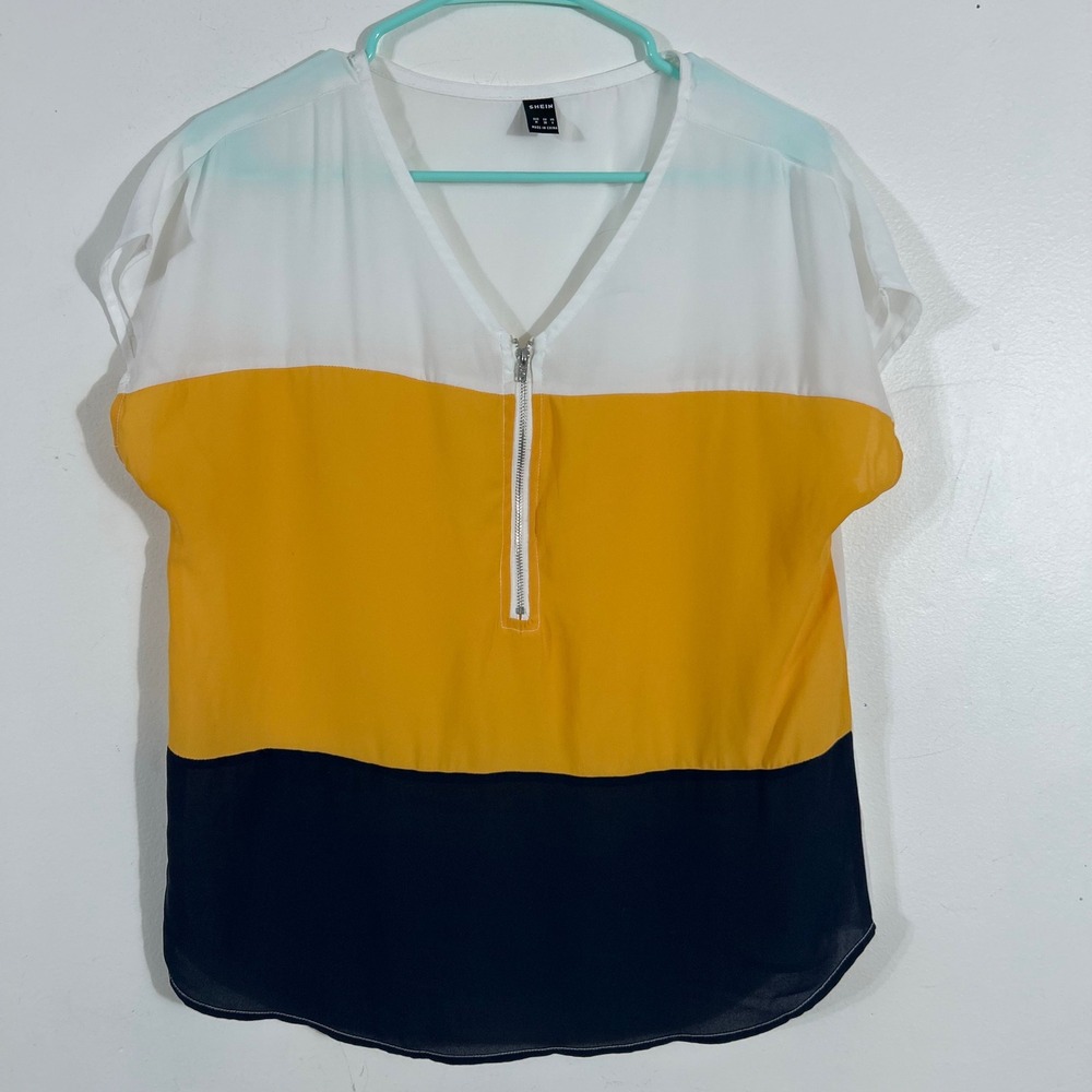 SHEIN Colorblock Half Zip Blouse Womens Medium Yellow White Navy Casual Top